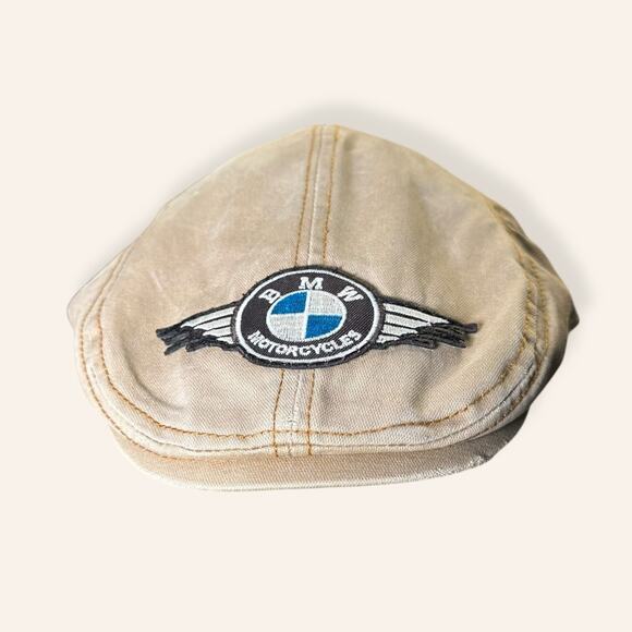 Vintage Beige BMW Motorcycles Flat Cap Logo Patch Biker Hat - Picture 1 of 5